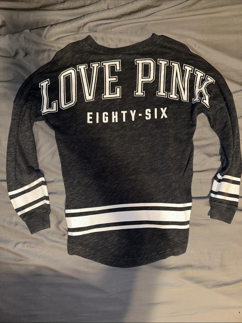 PINK Victoria's Secret Black 'Love Pink' Striped Sleeve Sweatshirt